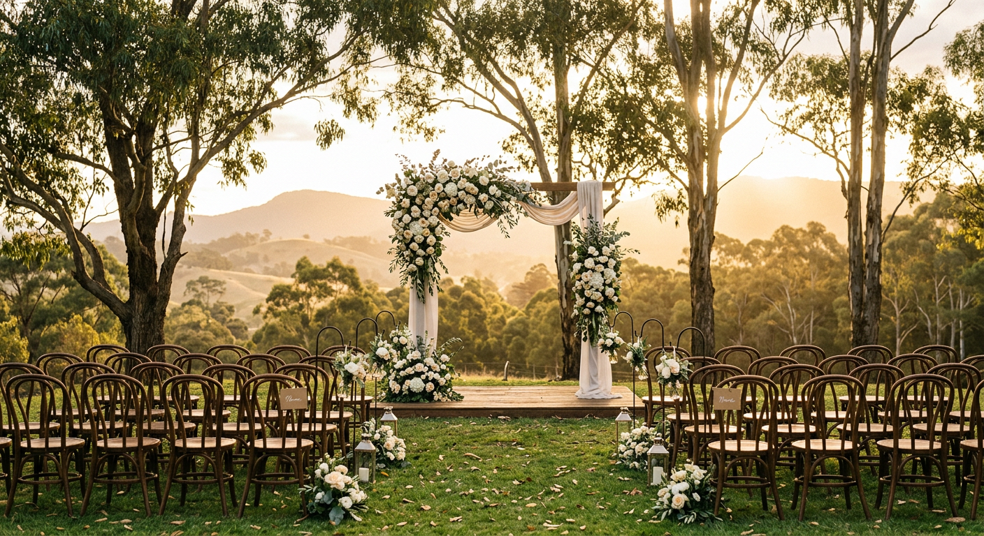 Outdoor wedding ceremony at golden hour — Macedon Ranges